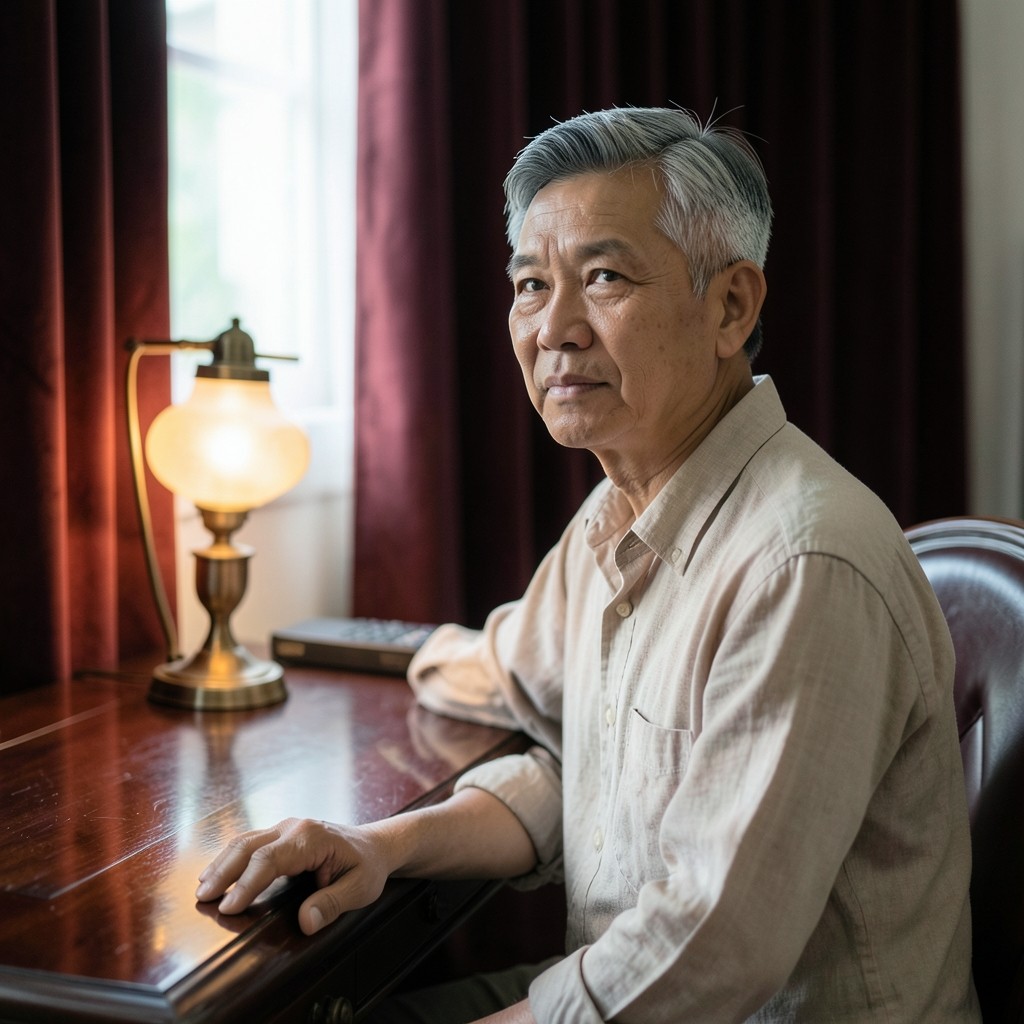 Arun Chaiyaporn, a Thai man in his fifties, seated at a dark wood desk in a velvet-curtained room