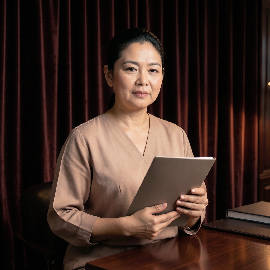 Malee Wongsuwan, a Thai woman in her late thirties, holding a closed ledger in the same evening office
