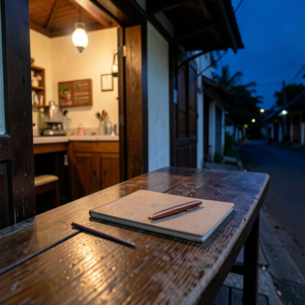 A closed notebook and a copper pen on a shop counter at dusk