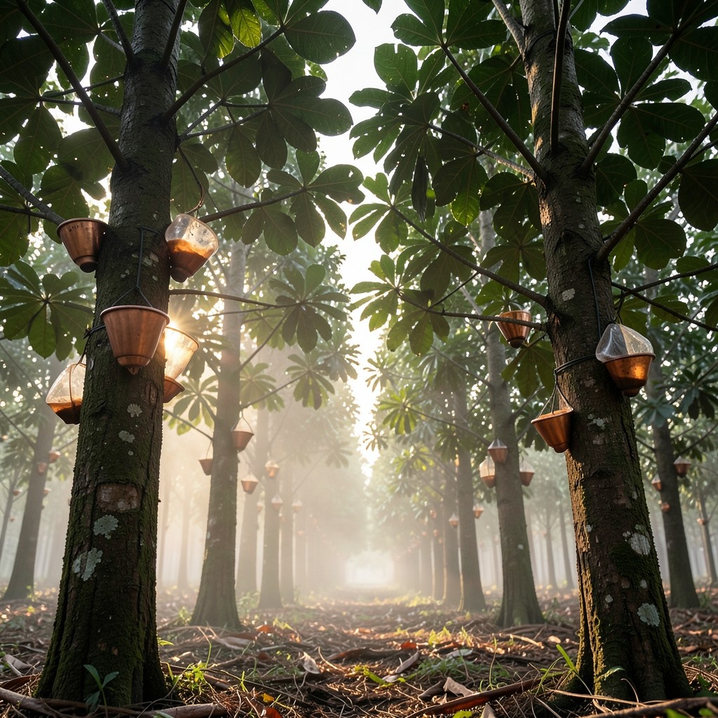 Latex cups on rubber trees in morning mist with warm low sun