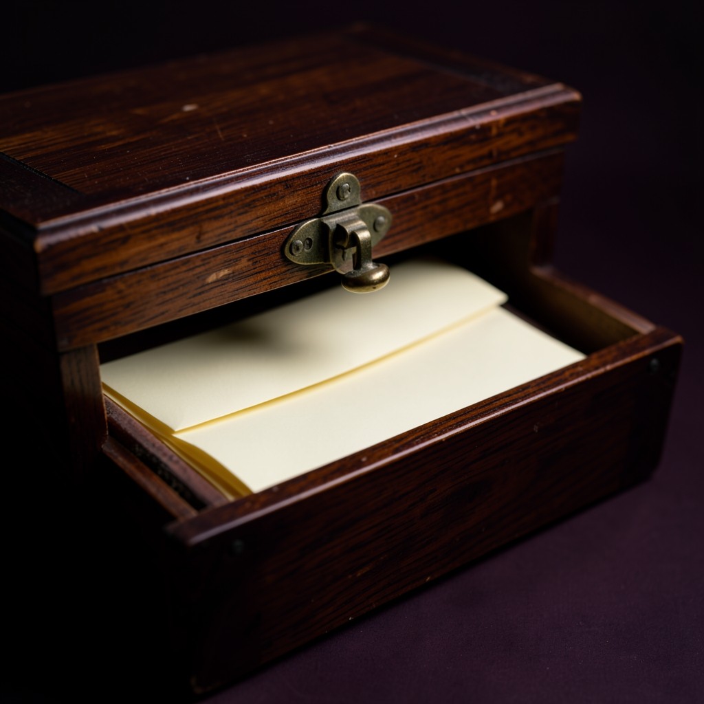 Plain envelopes in a wooden cash box with a copper latch, one envelope set apart