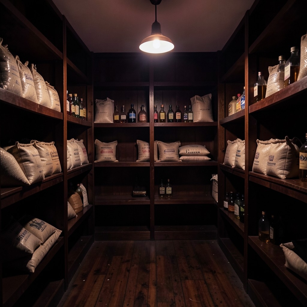 A small grocery interior at closing time with rice sacks and plain bottles on wooden shelves