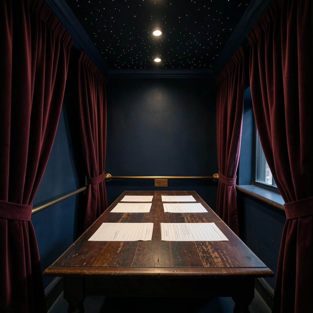 A long study table set with unmarked weekly paper rows, a brass rail, and velvet curtains