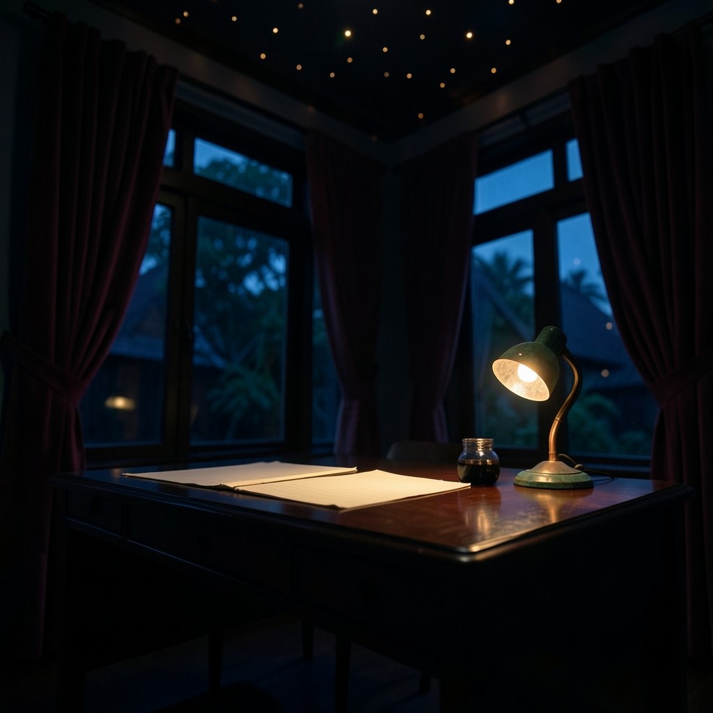 Evening planning room with burgundy velvet curtains, a dark wood desk, blank paper, and a copper lamp