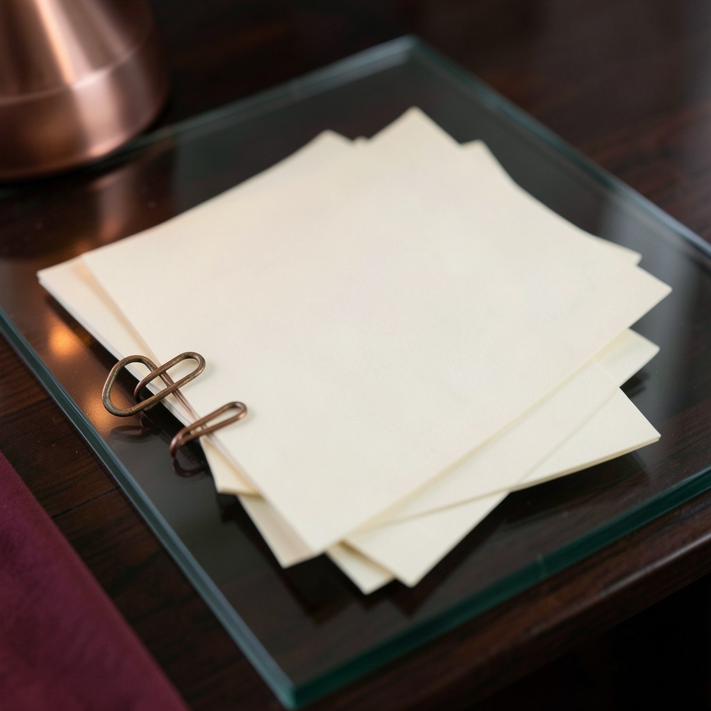 Blank invoice sheets held with copper clips on smoked glass over dark wood