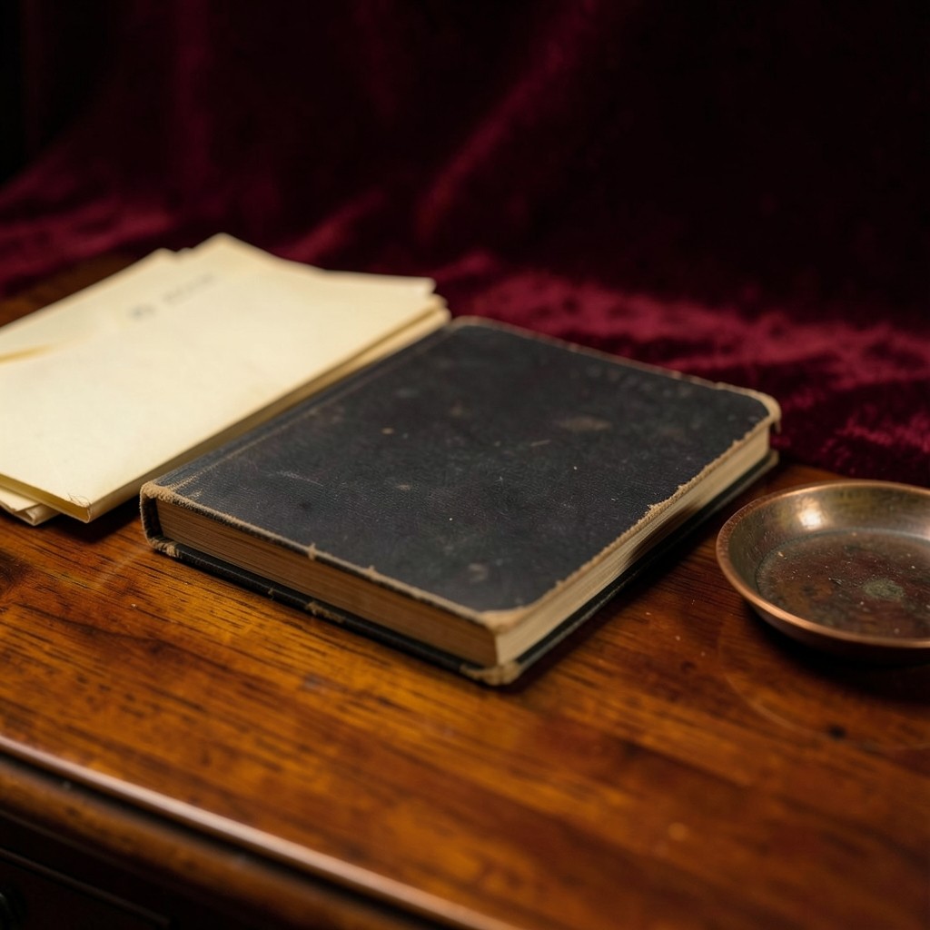 A closed passbook, plain envelopes, and a copper coin dish on lacquered wood