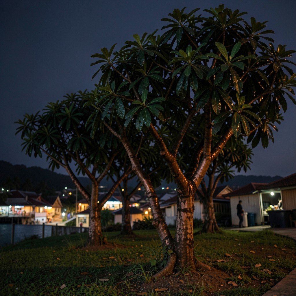Rubber trees at dusk with warm distant shop lights and a dark navy sky