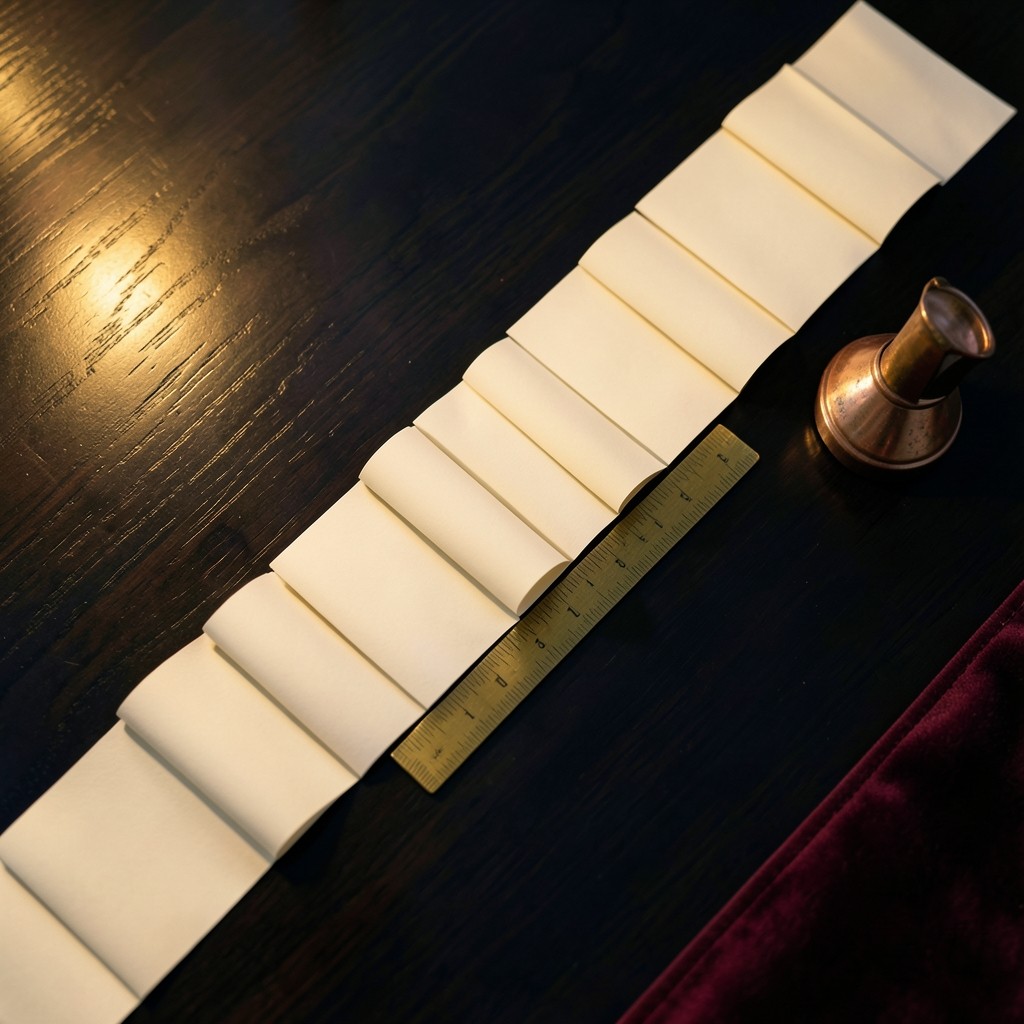 Thirteen blank cream paper strips in a row on a dark wood table under a copper lamp